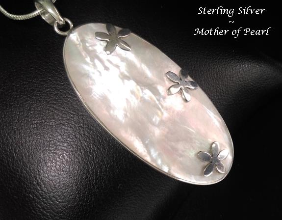 Sterling Silver Mother of Pearl Necklace Pendant, Large - Click Image to Close